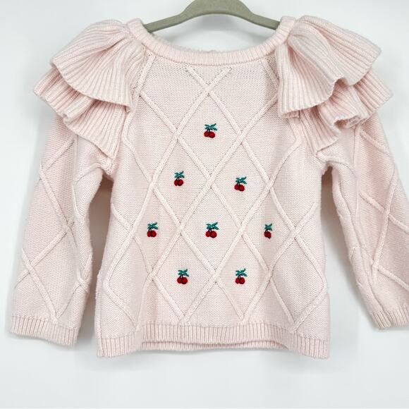 Janie and Jack Girl's Pink‎ Cherry Ruffle Sweater 18-24 Months - Picture 1 of 6